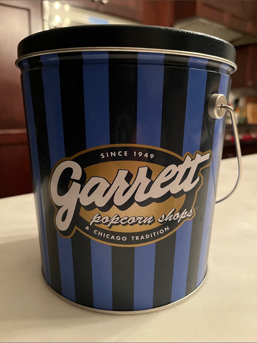 Garrett Popcorn Shops Tin and Shopping Bag - Blue & Black Stripe EMPTY - Picture 2 of 12